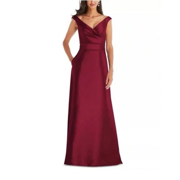 Alfred Sung Size 4 Burgundy D811S Off Shoulder Satin Maxi Gown Cocktail Dress - Picture 3 of 11